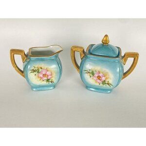 Hand Painted Porcelain Blue & Gold Floral Creamer & Lidded Sugar
